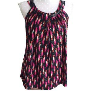 j.t.b. Sequined Sleeveless Black Pink White Orange Top w/ Chain Neckline - Large